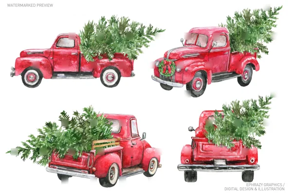 Christmas Truck With Tree Watercolor Clipart Set [028] - Clipart