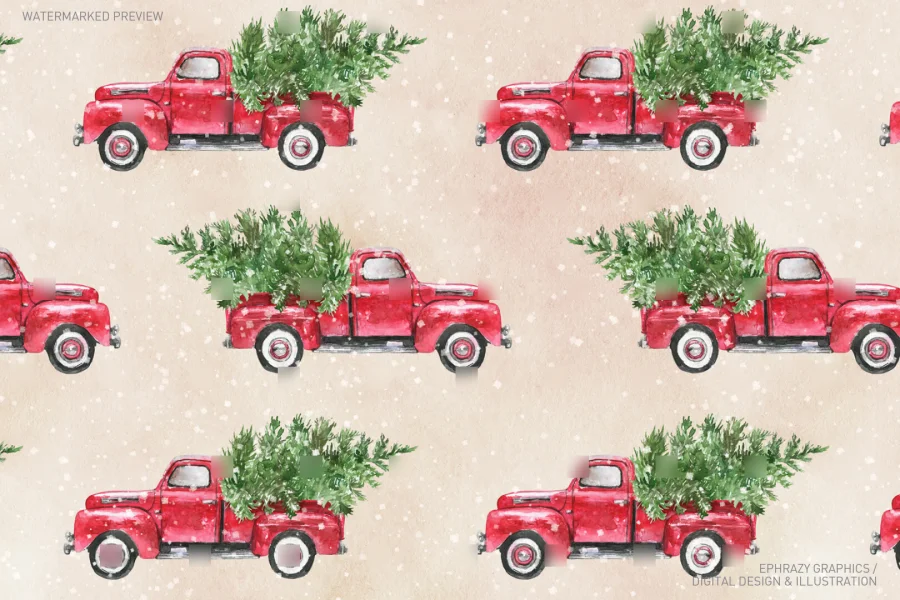 Christmas Truck With Tree Watercolor Seamless Pattern [028] - 2