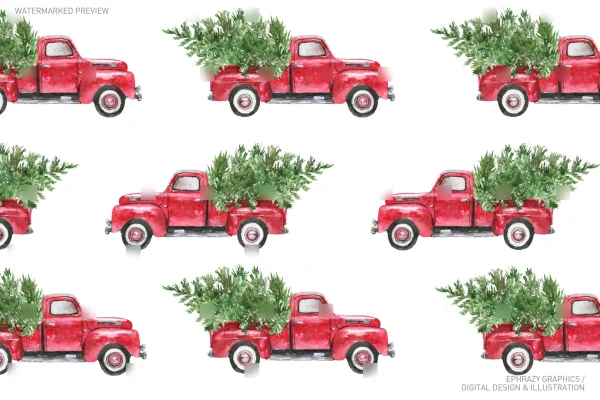 Christmas Truck With Tree Watercolor Seamless Pattern [028] - Seamless