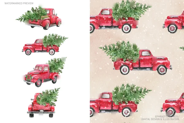 Christmas Truck With Tree Watercolor Set [028] - Sets