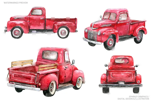Red Truck Watercolor Clip Art Set [029] - Clipart