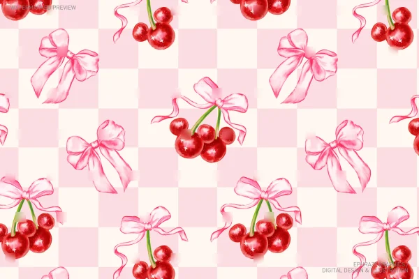 Cherry With Pink Bow Watercolor Coquette Seamless Pattern [031] - Seamless