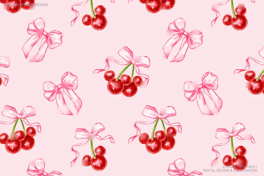 Cherry With Pink Bow Watercolor Coquette Seamless Pattern [031] - 2