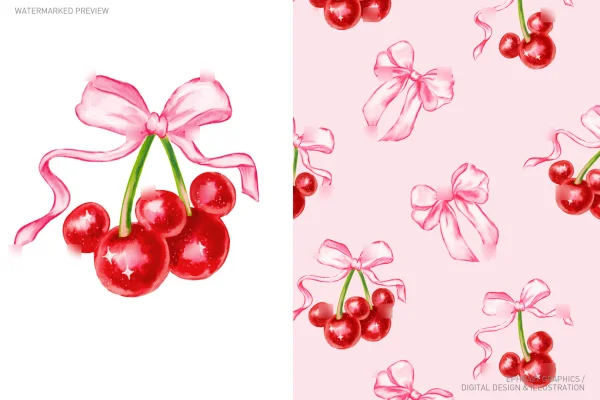 Cherry With Pink Bow Watercolor Coquette Set [031] - Sets
