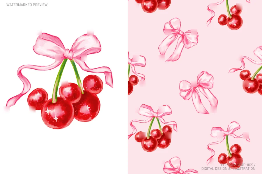Cherry With Pink Bow Watercolor Coquette Set [031] - 1