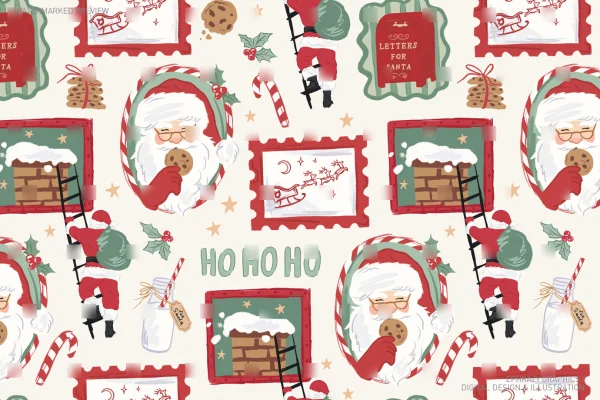 Christmas Santa With Cookies and Milk In Frames Seamless Pattern Neutral [036] - Seamless