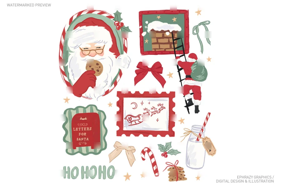 Christmas Santa With Cookies and Milk In Frames Clip Art Girly [037] - 2
