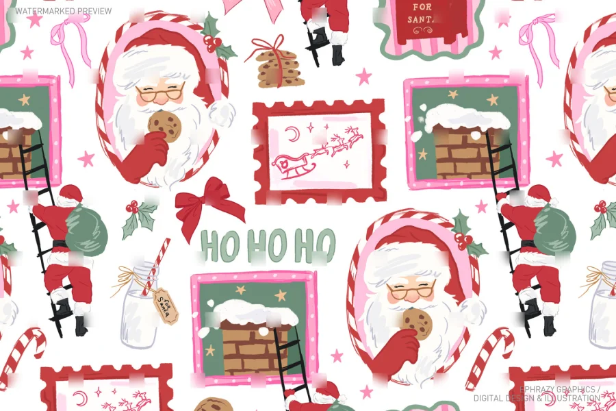 Christmas Santa With Cookies and Milk In Frames Seamless Pattern Girly [037] - 2