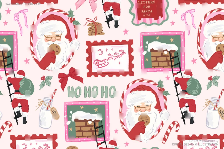 Christmas Santa With Cookies and Milk In Frames Seamless Pattern Girly [037] - 1