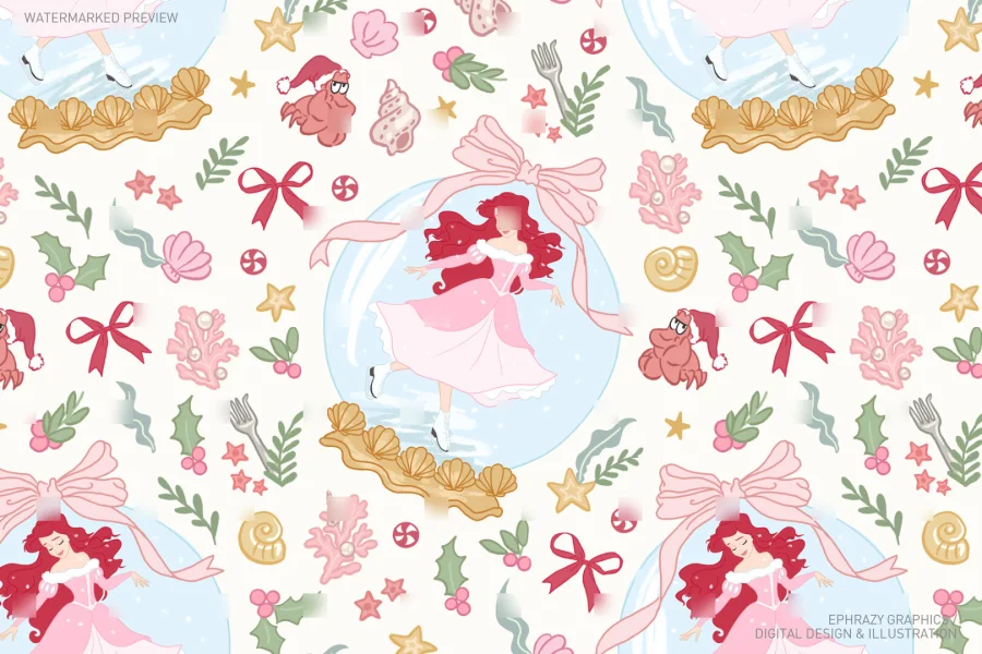 Christmas Ariel With Snow Globe Seamless Pattern [046] - 1