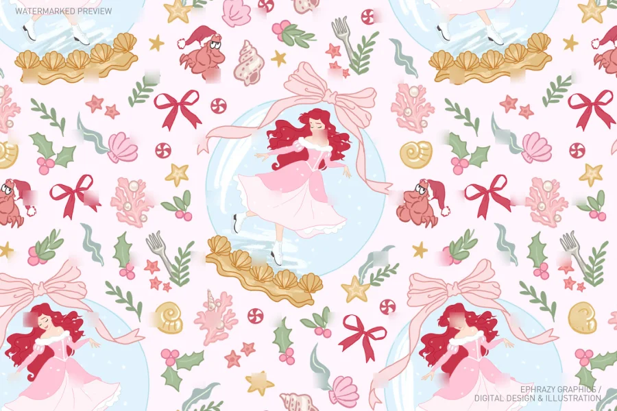 Christmas Ariel With Snow Globe Seamless Pattern [046] - 2