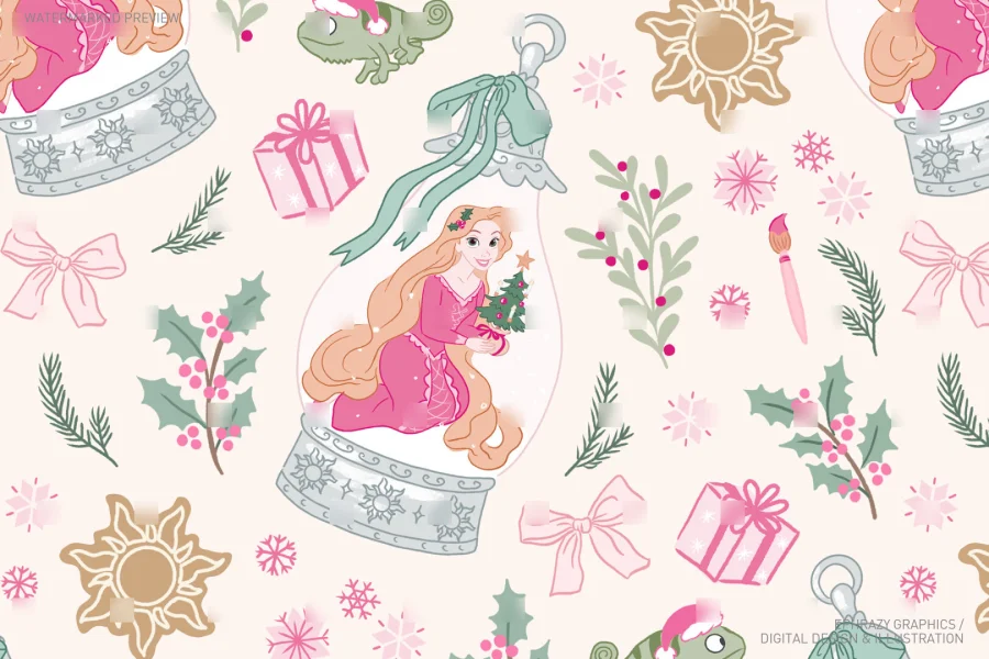 Christmas Rapunzel With Snow Globe Seamless Pattern [048] - 2