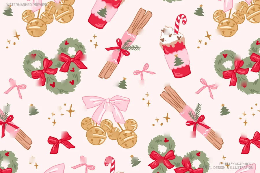 Christmas Coquette Mickey Gingle Bells Seamless Pattern [051] - 2