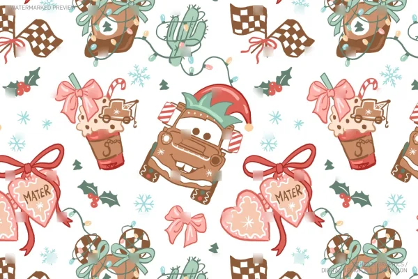 Christmas Cars Tow Mater Gingerbread Pink Coquette Seamless Pattern [056] - Seamless