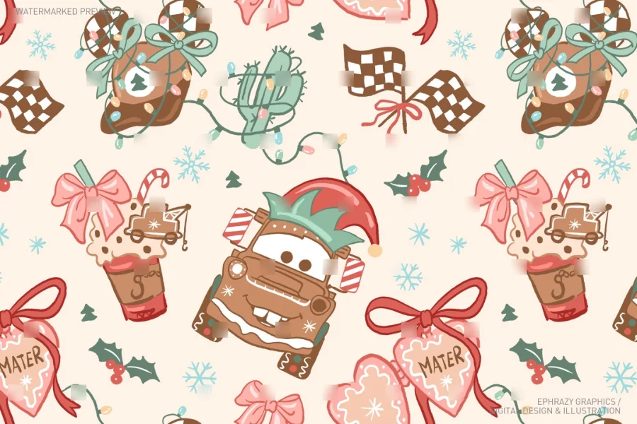 Christmas Cars Tow Mater Gingerbread Pink Coquette Seamless Pattern [056] - 2