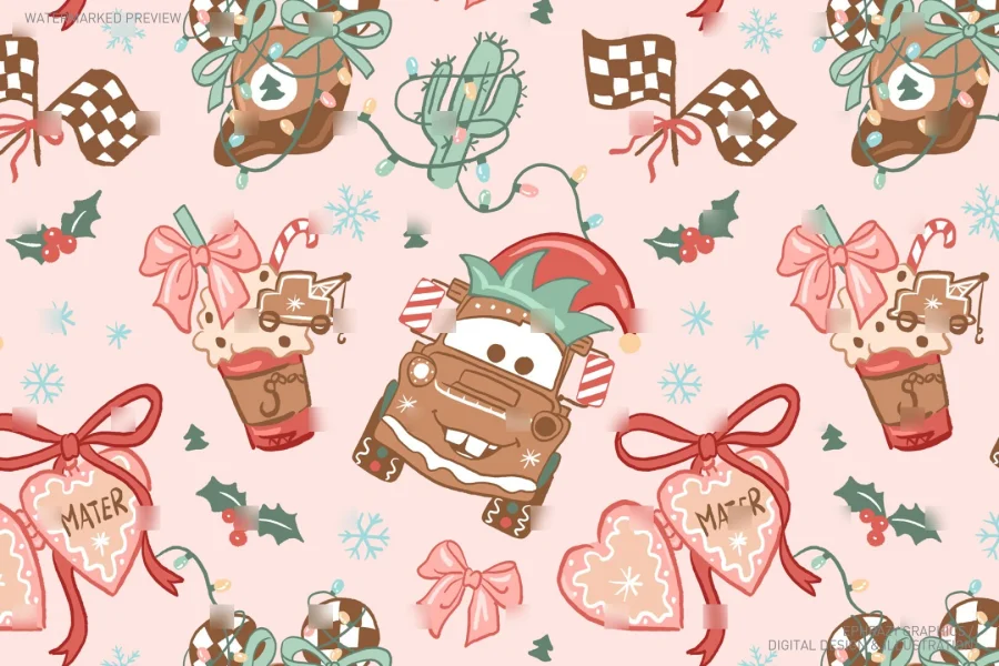 Christmas Cars Tow Mater Gingerbread Pink Coquette Seamless Pattern [056] - 3