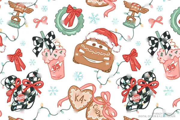 Christmas Cars Lightning McQueen Gingerbread Pink Coquette Seamless Pattern [057] - Seamless
