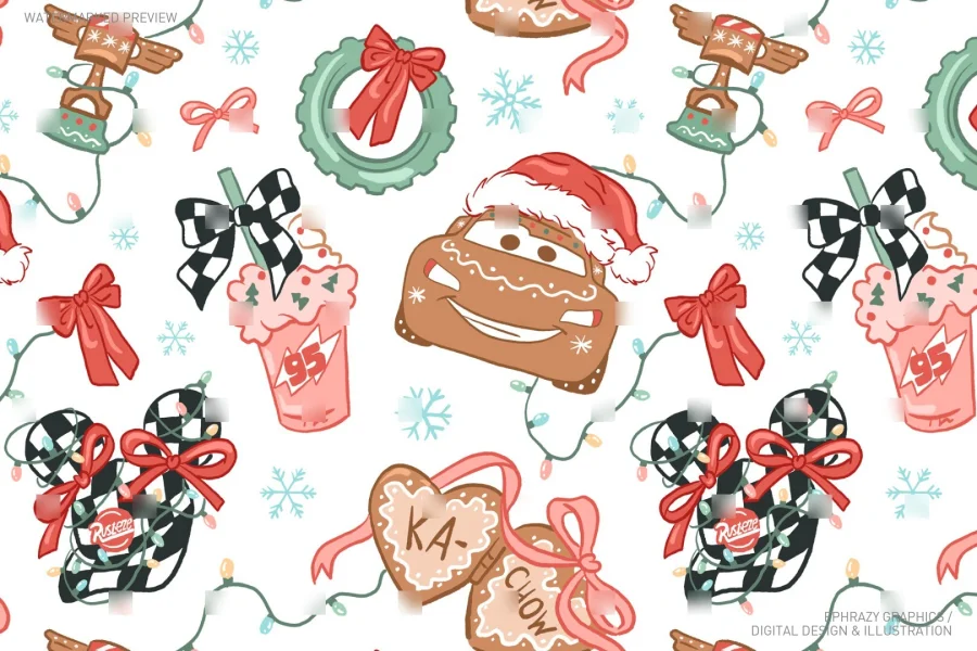 Christmas Cars Lightning McQueen Gingerbread Pink Coquette Seamless Pattern [057] - 1