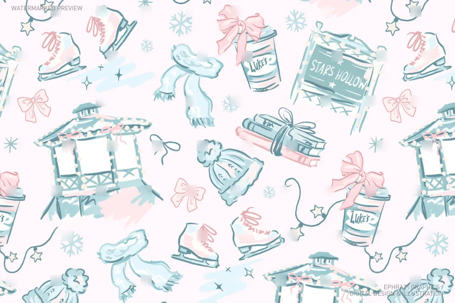 Gilmore Girls Stars Hollow I Smell Snow Blue Pink Coquette Seamless Pattern [058] - 2
