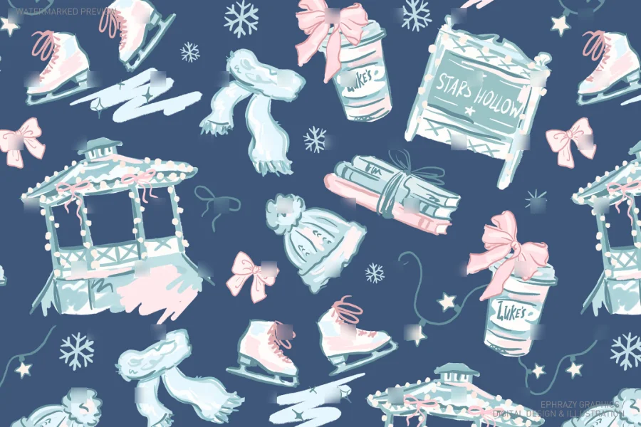 Gilmore Girls Stars Hollow I Smell Snow Blue Pink Coquette Seamless Pattern [058] - 4