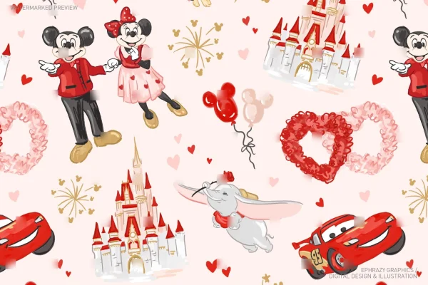 Valentine's Day Watercolor Girly Castle Seamless Pattern [063] - Seamless