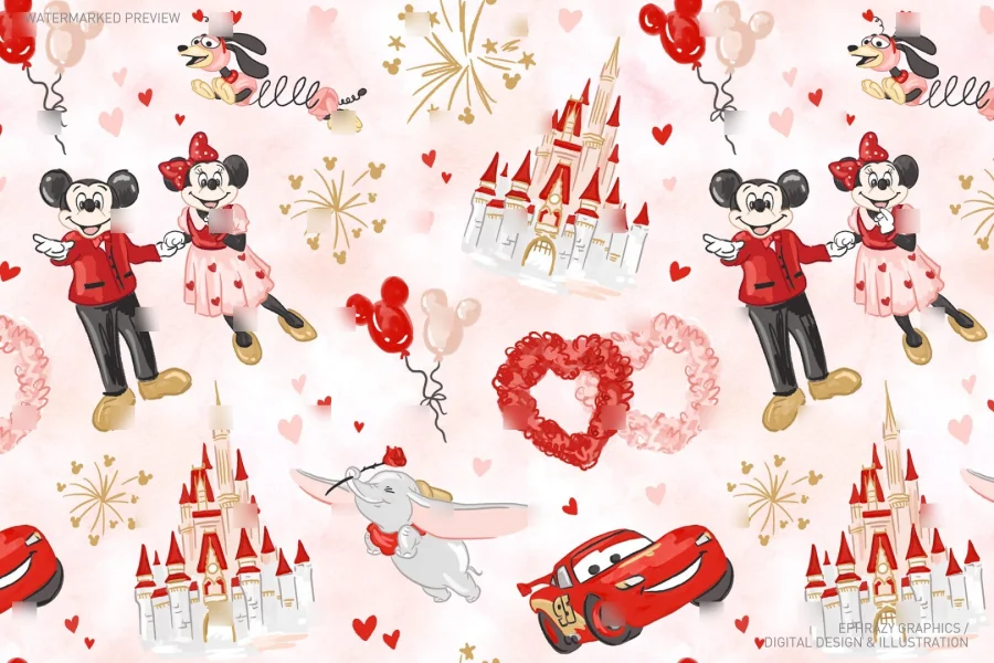 Valentine's Day Watercolor Girly Castle Seamless Pattern [063] - 2