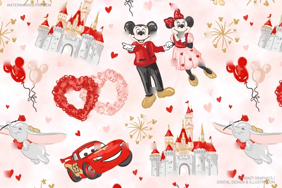 Valentine's Day Watercolor Girly Castle Seamless Pattern [063] - 5
