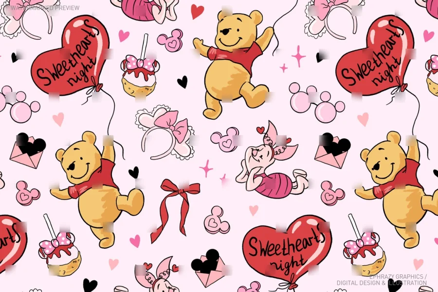 Valentine's Day Winnie The Pooh Sweethearts Night Seamless Pattern [066] - 2