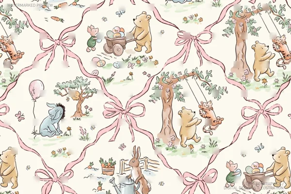 Easter Spring Winnie The Pooh Watercolor Seamless Pattern [068] - Seamless