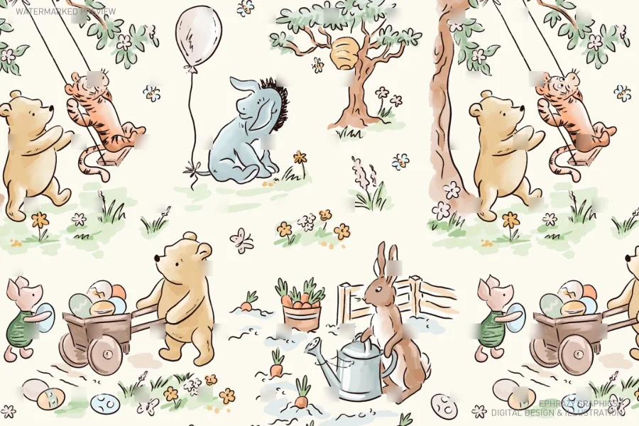 Easter Spring Winnie The Pooh Watercolor Seamless Pattern [068] - 2