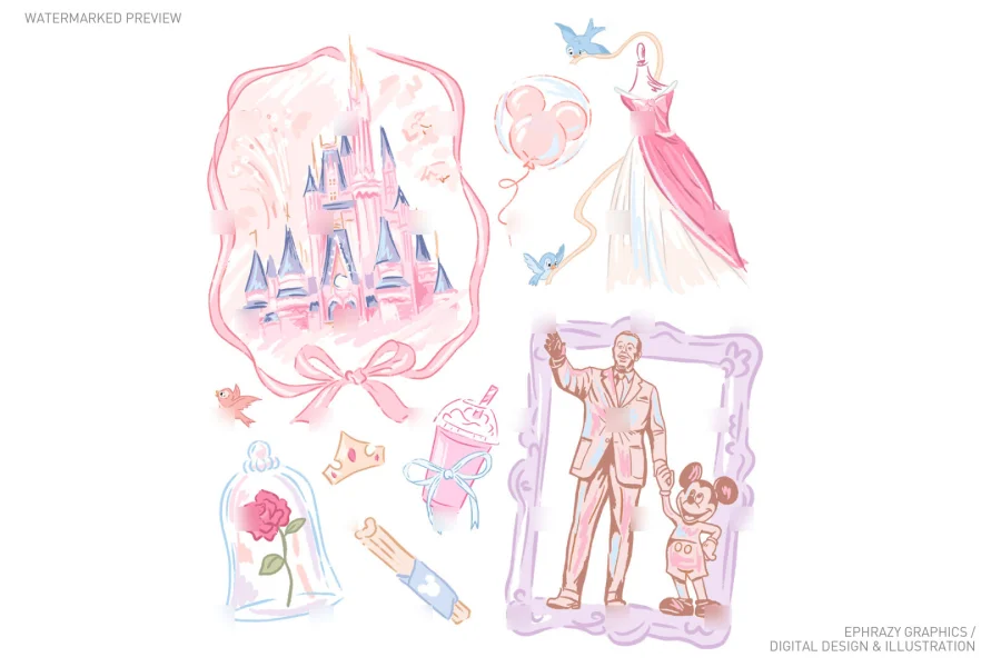Spring Pink Castle With Walt And Mickey Clip Art [069] - 1