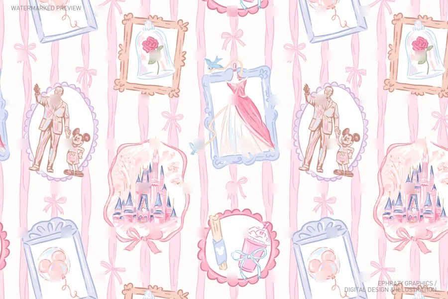 Spring Pink Castle With Walt And Mickey Seamless Pattern [069] - 1