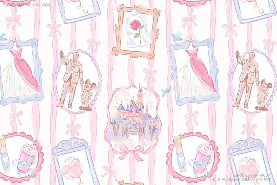 Spring Pink Castle With Walt And Mickey Seamless Pattern [069] - 2
