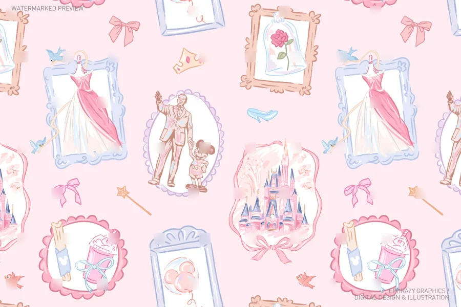 Spring Pink Castle With Walt And Mickey Seamless Pattern [069] - 3