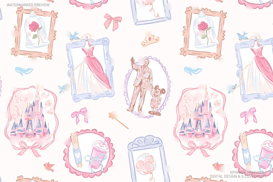 Spring Pink Castle With Walt And Mickey Seamless Pattern [069] - 4