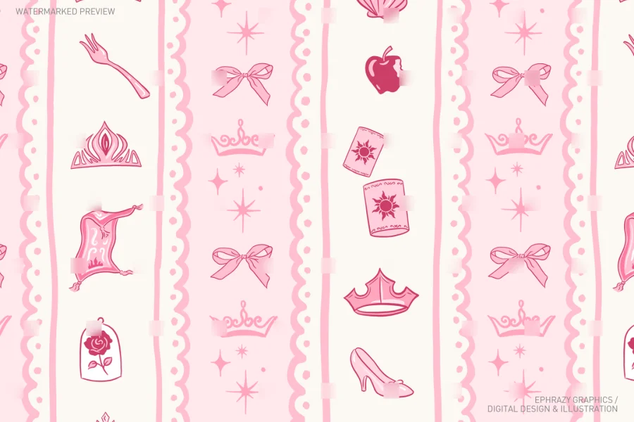 Pink Princesses With Bows Seamless Pattern  [075] - 3