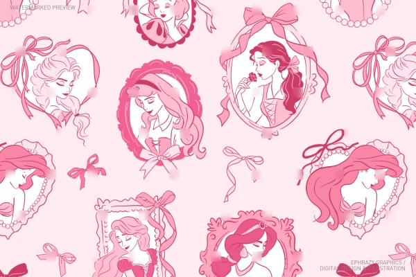 Pink Princesses With Bows Seamless Pattern  [075] - Seamless