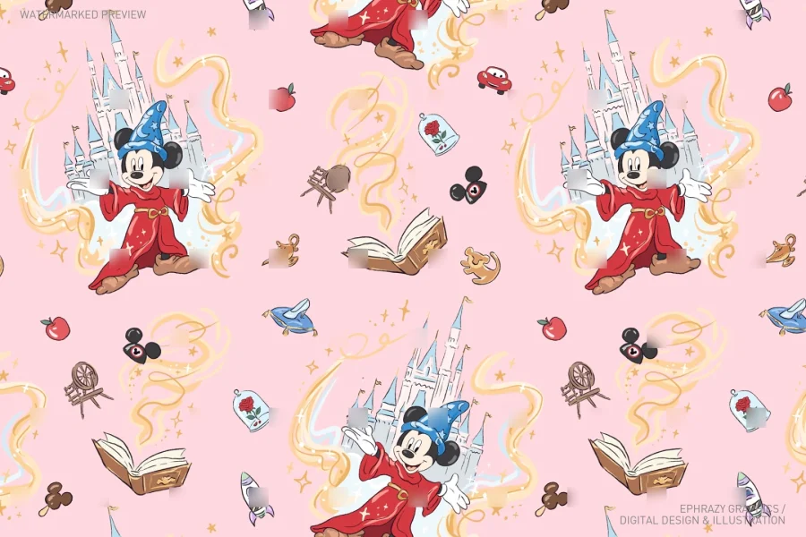 Mickey Sorcerer with Castles Seamless Pattern [086] - 4