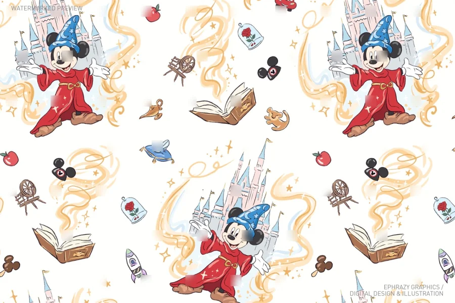 Mickey Sorcerer with Castles Seamless Pattern [086] - 1