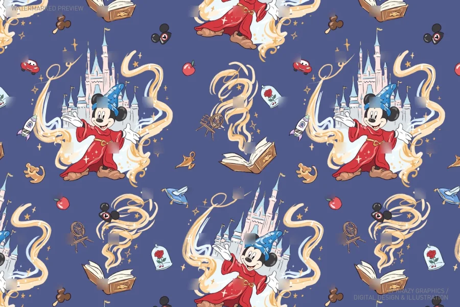 Mickey Sorcerer with Castles Seamless Pattern [086] - 3