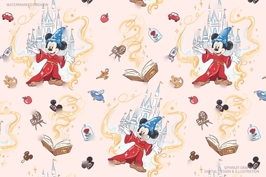 Mickey Sorcerer with Castles Seamless Pattern [086] - 2