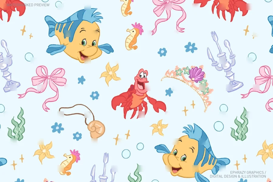 Little Mermaid Ariel Flounder Sebastian Seamless Pattern [112] - 4