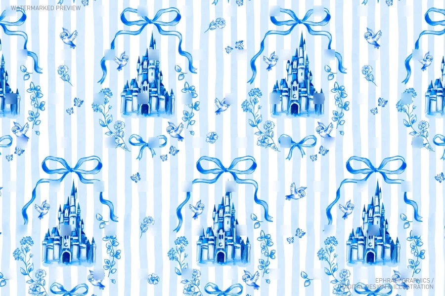 Watercolor Cinderella Castle Seamless Pattern [113] - 2