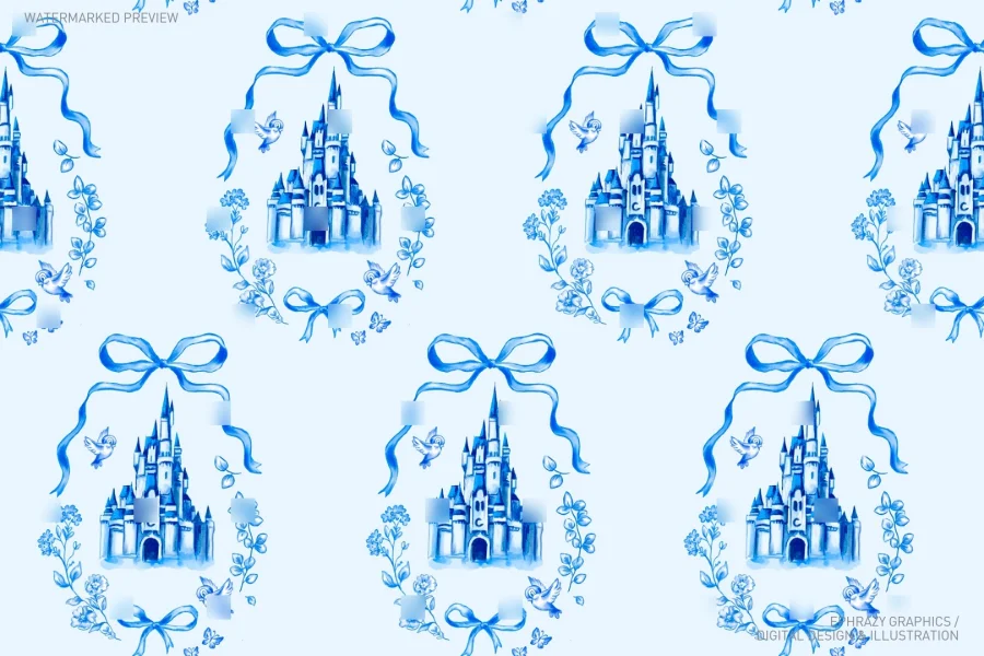 Watercolor Cinderella Castle Seamless Pattern [113] - 4