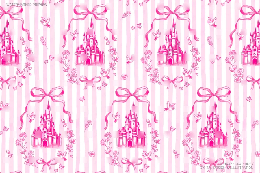 Watercolor Cinderella Castle Seamless Pattern [113] - 3
