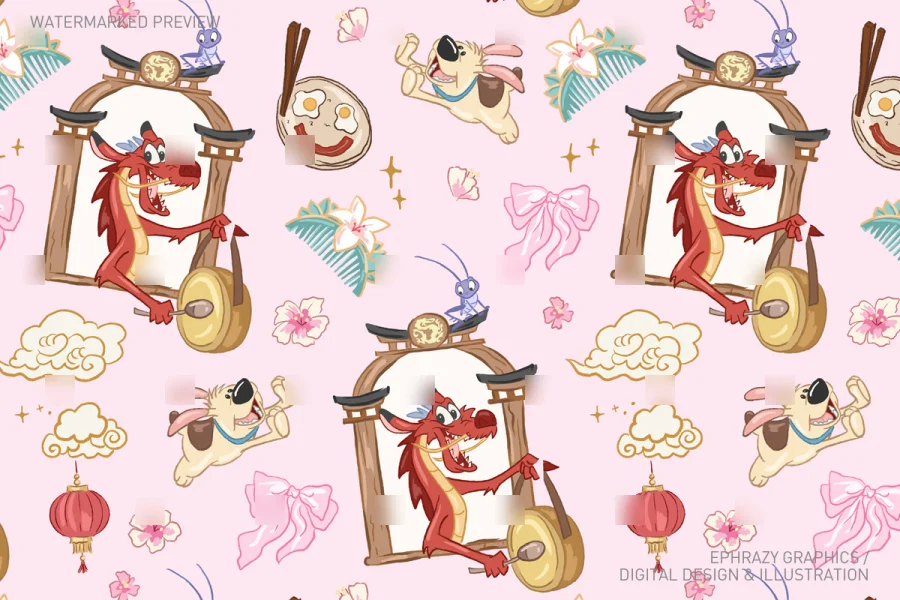 Mulan Mushu Cri-Kee Seamless Pattern [118] - 2