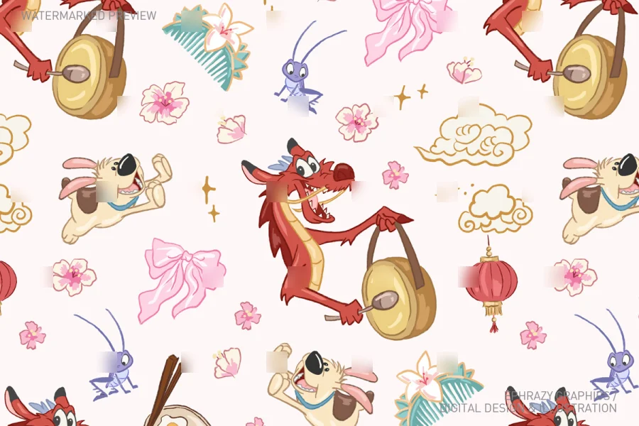 Mulan Mushu Cri-Kee Seamless Pattern [118] - 4
