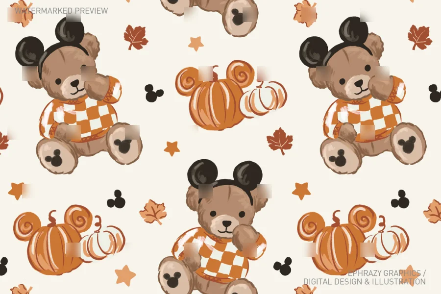 Disney Teddy Bear Minnie Ears Fall Seamless Pattern [119] - 3
