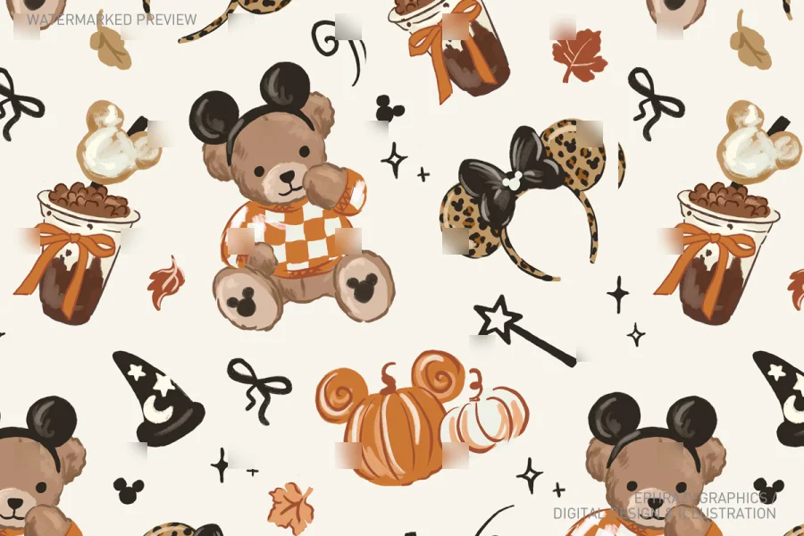 Disney Teddy Bear Minnie Ears Fall Seamless Pattern [119] - 1