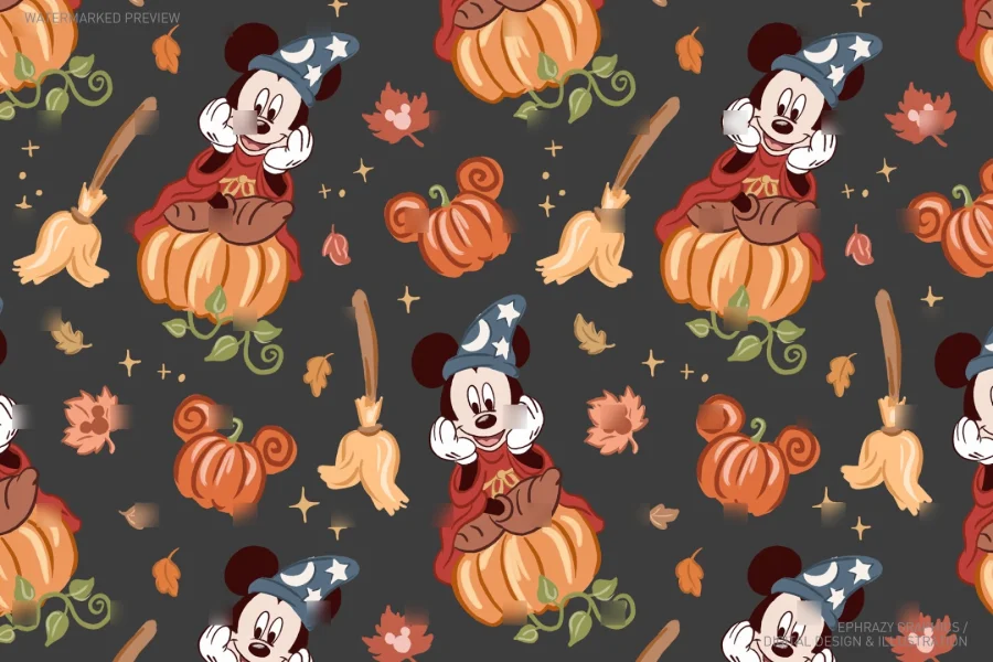 Sorcerer Mickey Fall Pumpkins Seamless Pattern [122] - 3